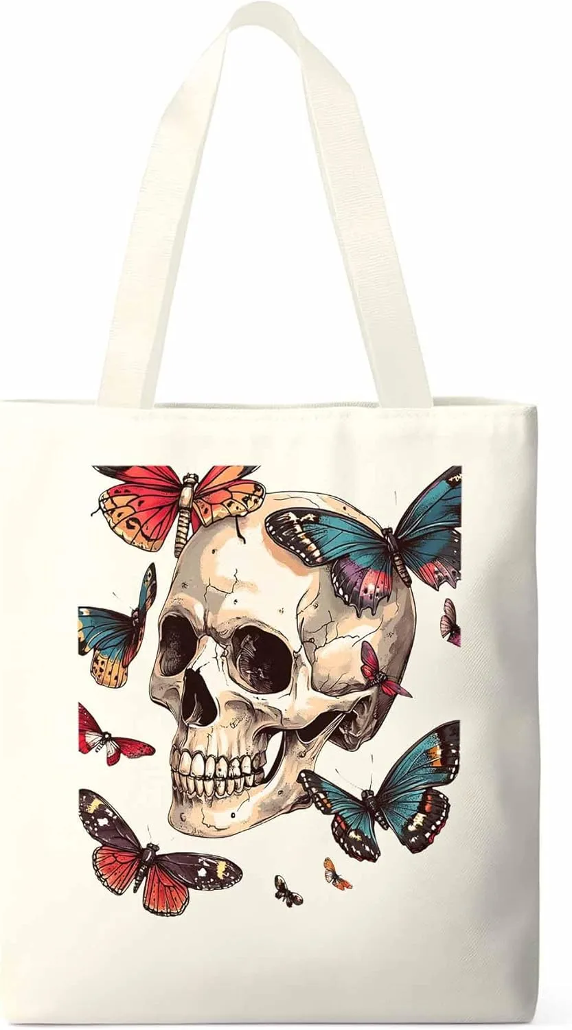 Canvas Tote Bag, Vintage Chic Skull Butterfly patterned Canvas Tote Handbags for Women Shoulder Bag,