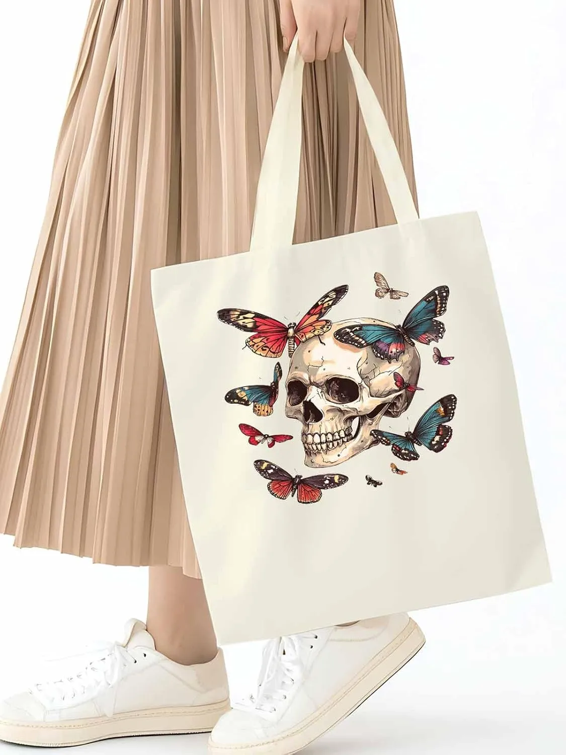 Canvas Tote Bag, Vintage Chic Skull Butterfly patterned Canvas Tote Handbags for Women Shoulder Bag,
