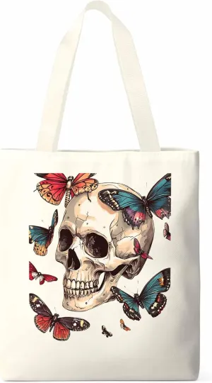 Canvas Tote Bag, Vintage Chic Skull Butterfly patterned Canvas Tote Handbags for Women Shoulder Bag,