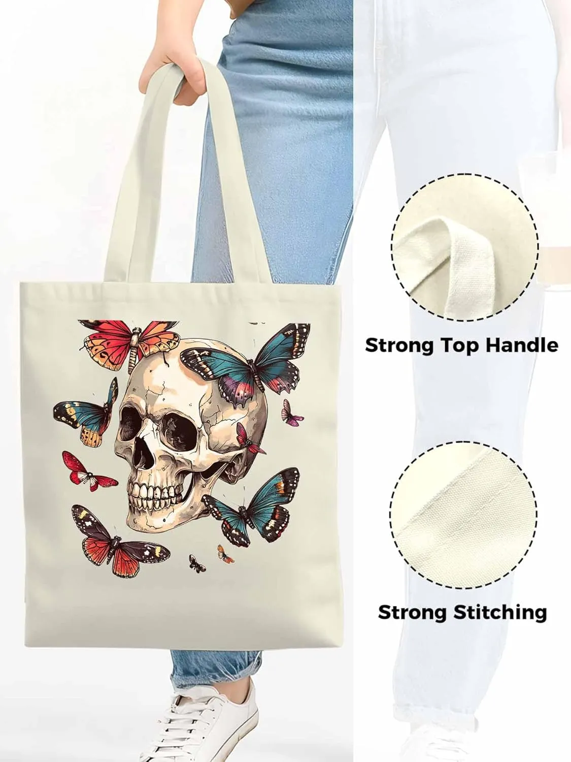 Canvas Tote Bag, Vintage Chic Skull Butterfly patterned Canvas Tote Handbags for Women Shoulder Bag,