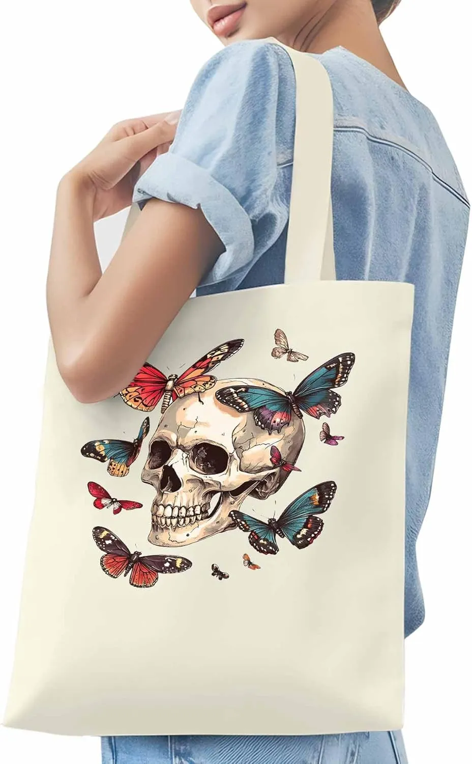 Canvas Tote Bag, Vintage Chic Skull Butterfly patterned Canvas Tote Handbags for Women Shoulder Bag,