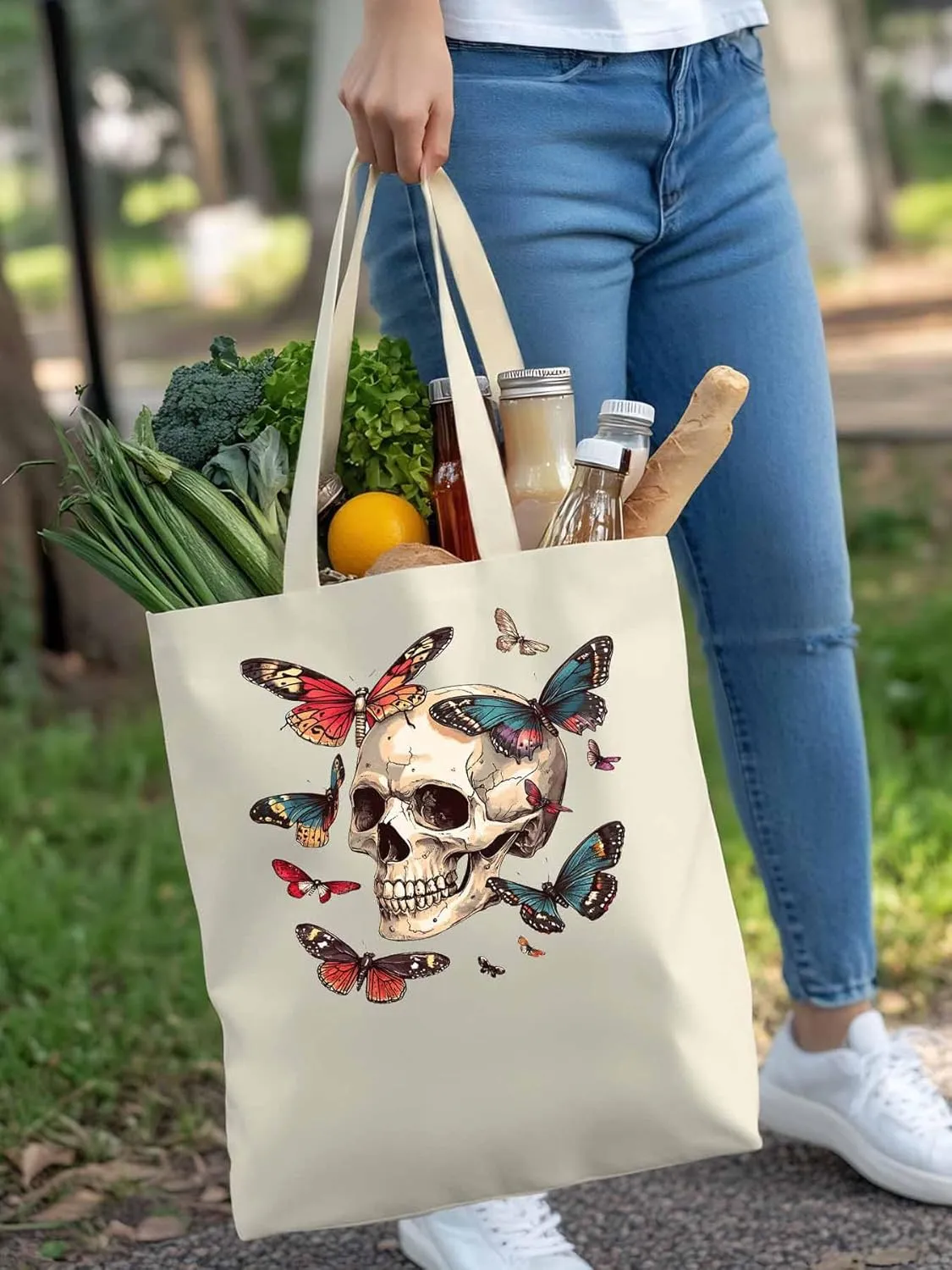 Canvas Tote Bag, Vintage Chic Skull Butterfly patterned Canvas Tote Handbags for Women Shoulder Bag,