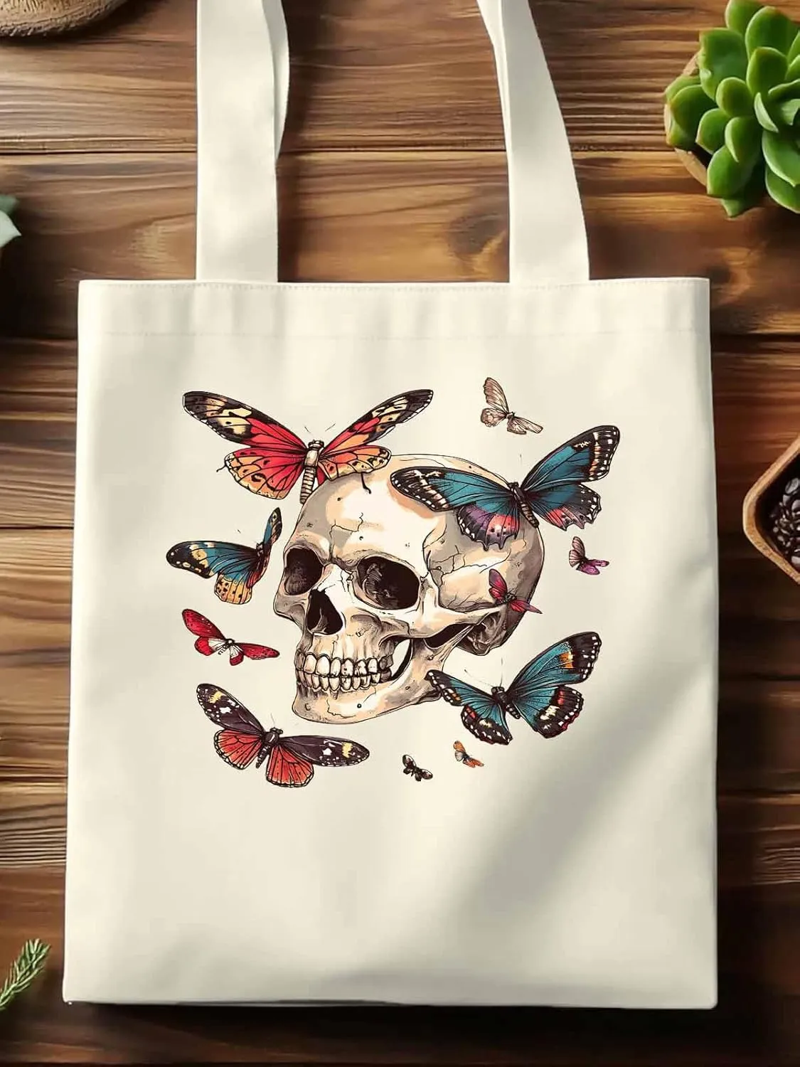 Canvas Tote Bag, Vintage Chic Skull Butterfly patterned Canvas Tote Handbags for Women Shoulder Bag,