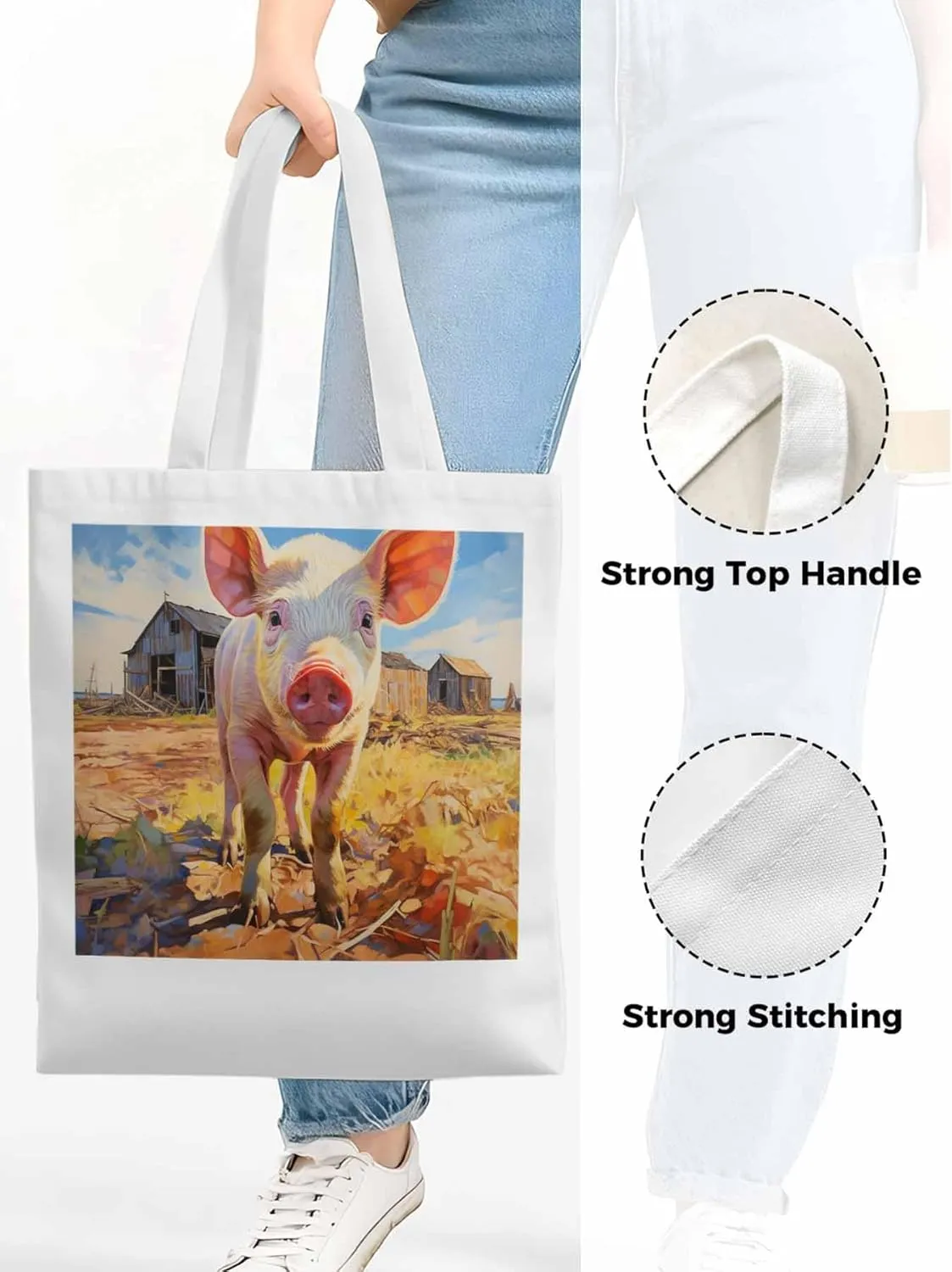 Canvas Tote Bag, Vintage Farmhouse Pig patterned Canvas Tote Handbags for Women Shoulder Bag,