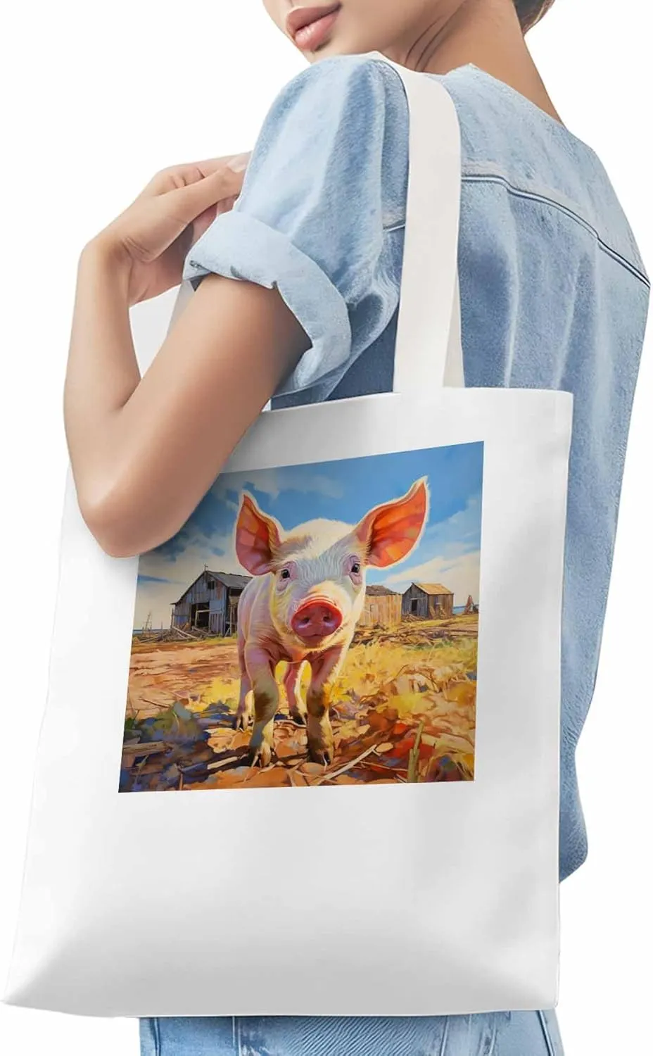 Canvas Tote Bag, Vintage Farmhouse Pig patterned Canvas Tote Handbags for Women Shoulder Bag,