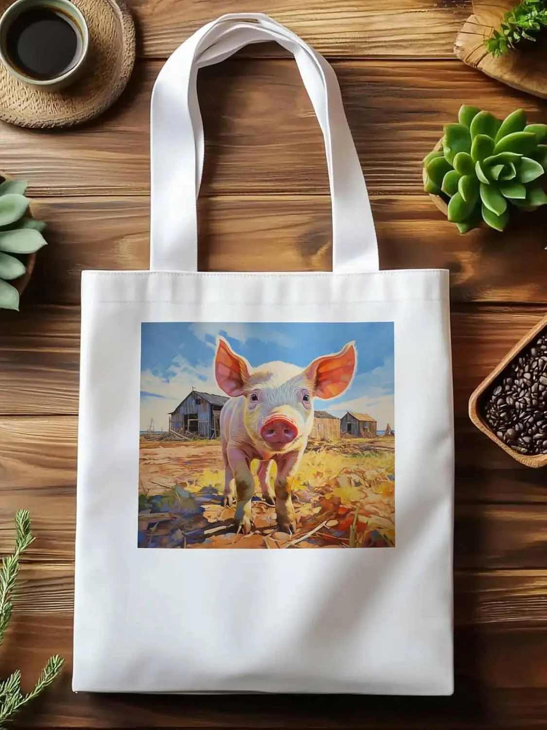 Canvas Tote Bag, Vintage Farmhouse Pig patterned Canvas Tote Handbags for Women Shoulder Bag,