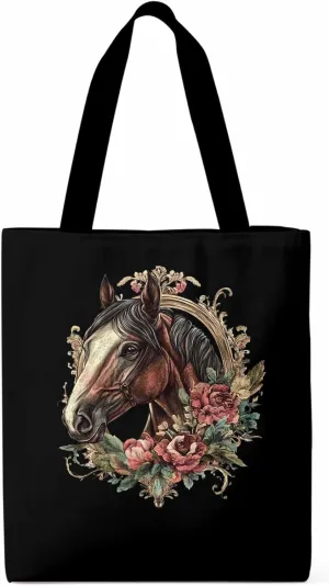 Canvas Tote Bag, Vintage Horse among Floral patterned Canvas Tote Handbags for Women Shoulder Bag,