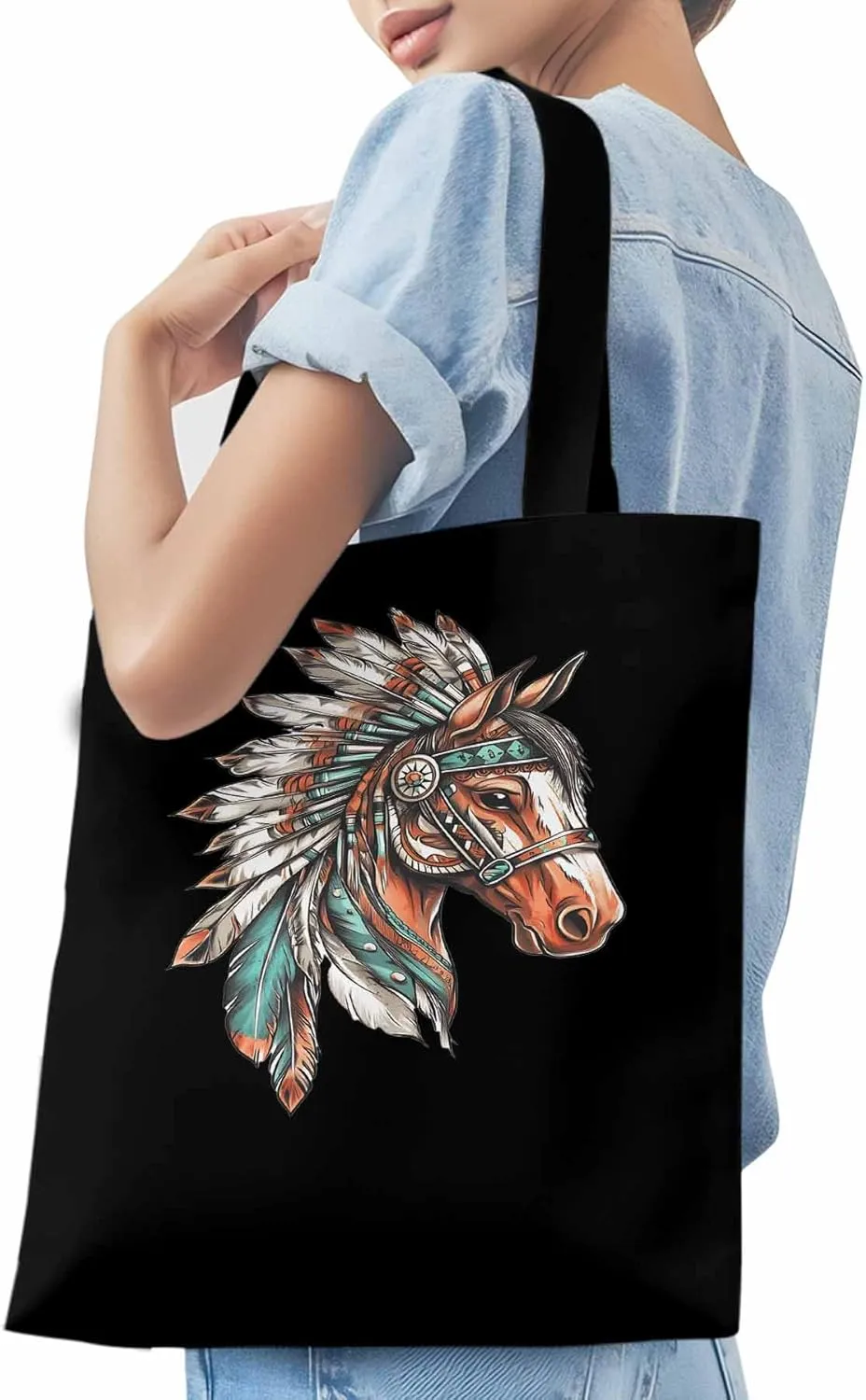 Canvas Tote Bag, Vintage Horse with Feather patterned Canvas Tote Handbags for Women Shoulder Bag,