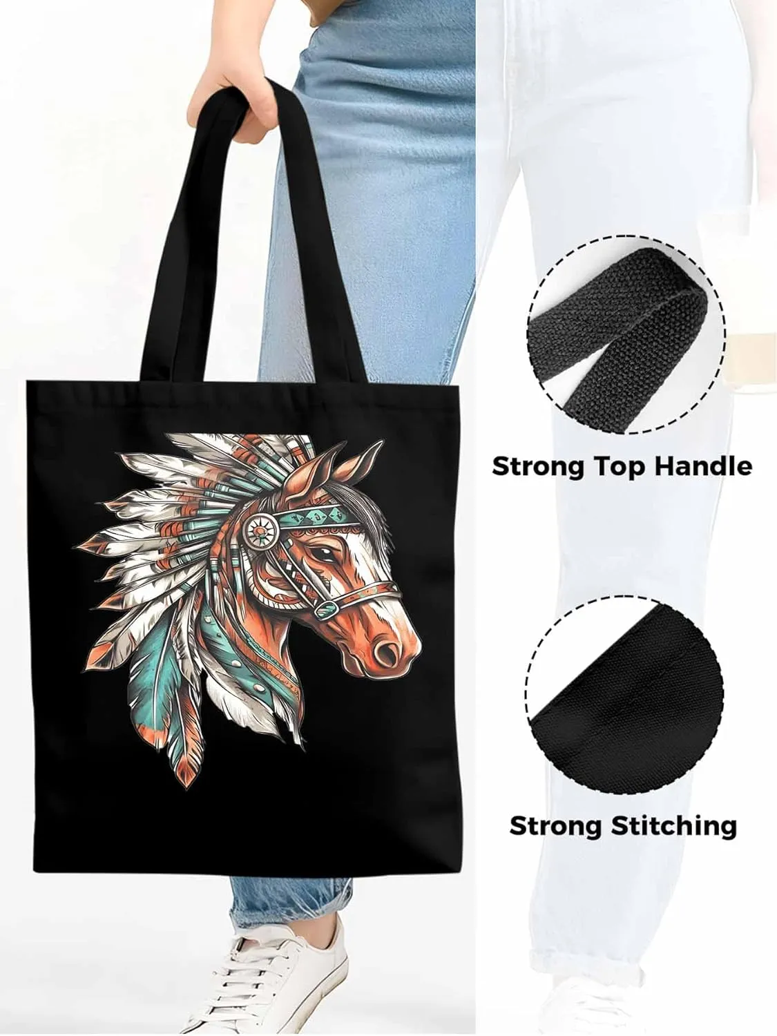 Canvas Tote Bag, Vintage Horse with Feather patterned Canvas Tote Handbags for Women Shoulder Bag,