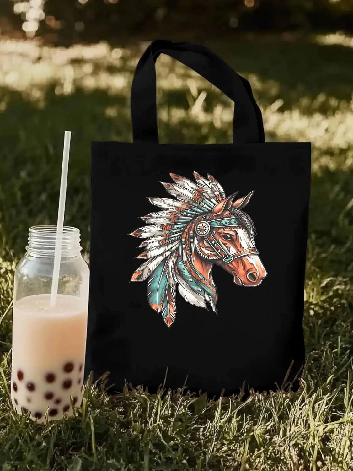 Canvas Tote Bag, Vintage Horse with Feather patterned Canvas Tote Handbags for Women Shoulder Bag,