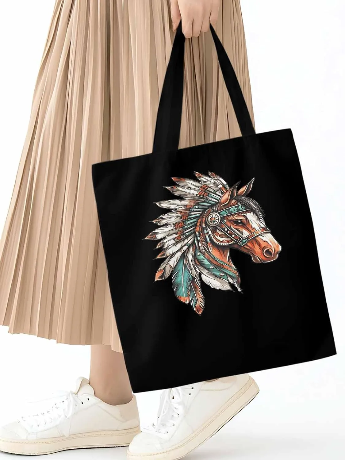 Canvas Tote Bag, Vintage Horse with Feather patterned Canvas Tote Handbags for Women Shoulder Bag,