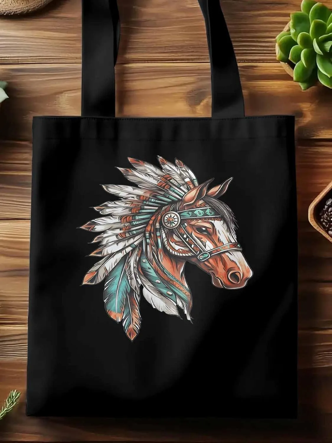 Canvas Tote Bag, Vintage Horse with Feather patterned Canvas Tote Handbags for Women Shoulder Bag,