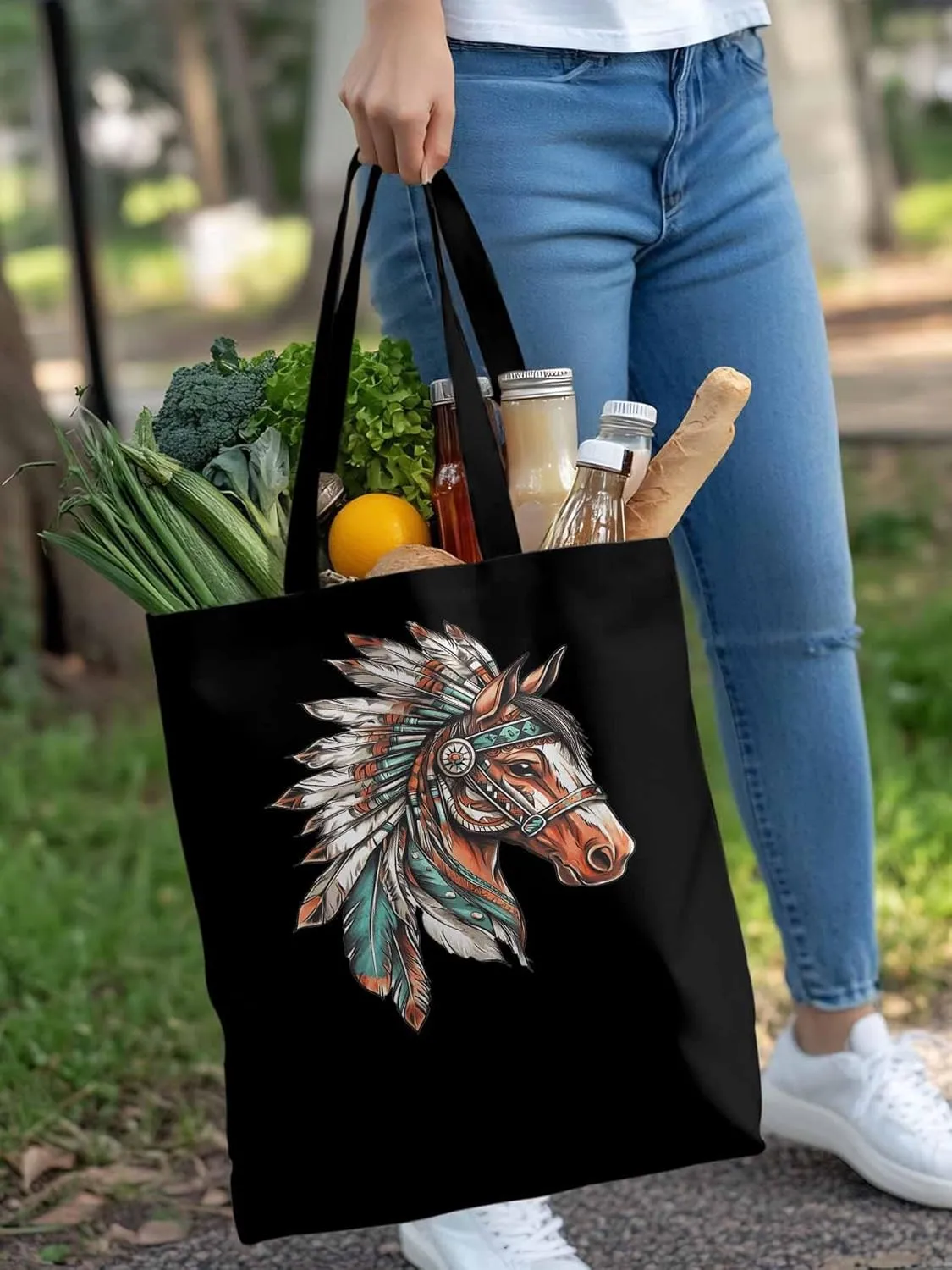 Canvas Tote Bag, Vintage Horse with Feather patterned Canvas Tote Handbags for Women Shoulder Bag,