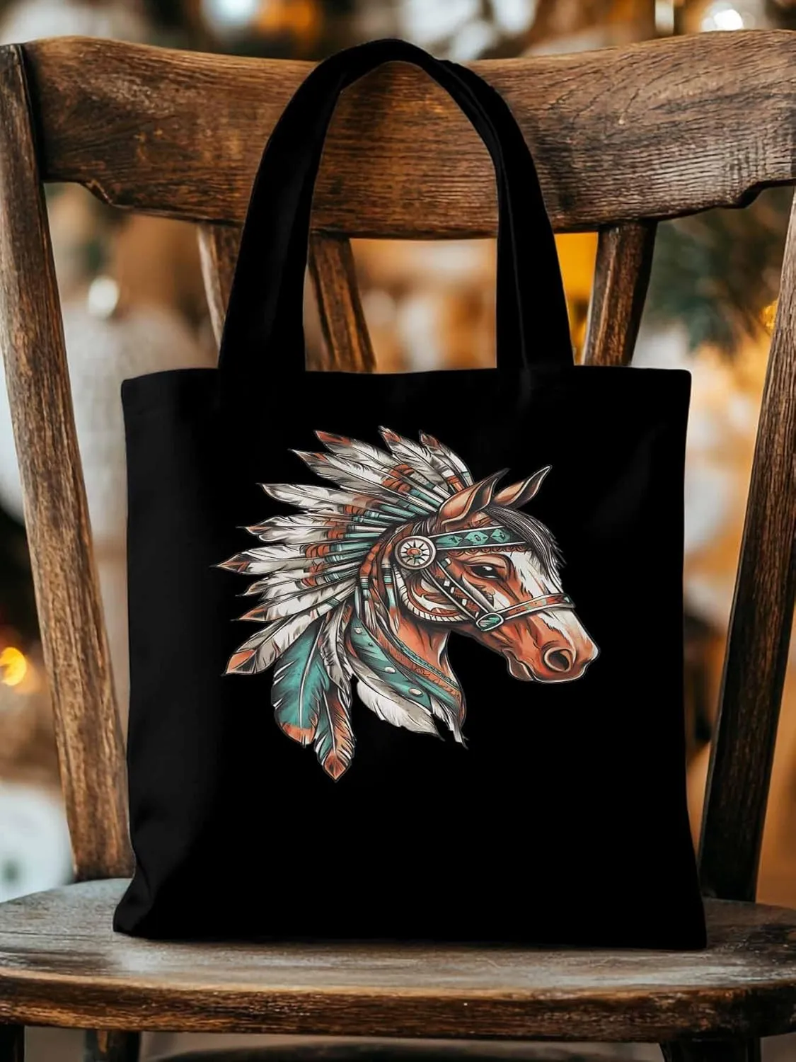 Canvas Tote Bag, Vintage Horse with Feather patterned Canvas Tote Handbags for Women Shoulder Bag,