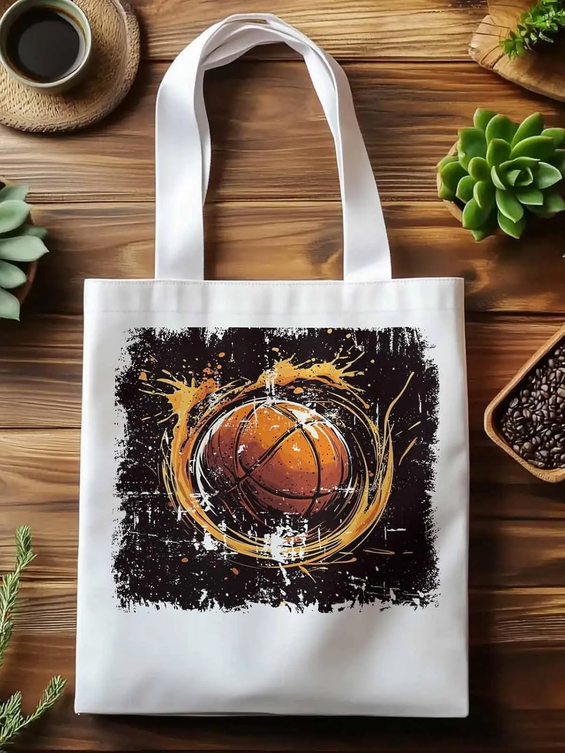Canvas Tote Bag, Vintage Ink Basketball Sports patterned Canvas Tote Handbags for Women Shoulder Bag,