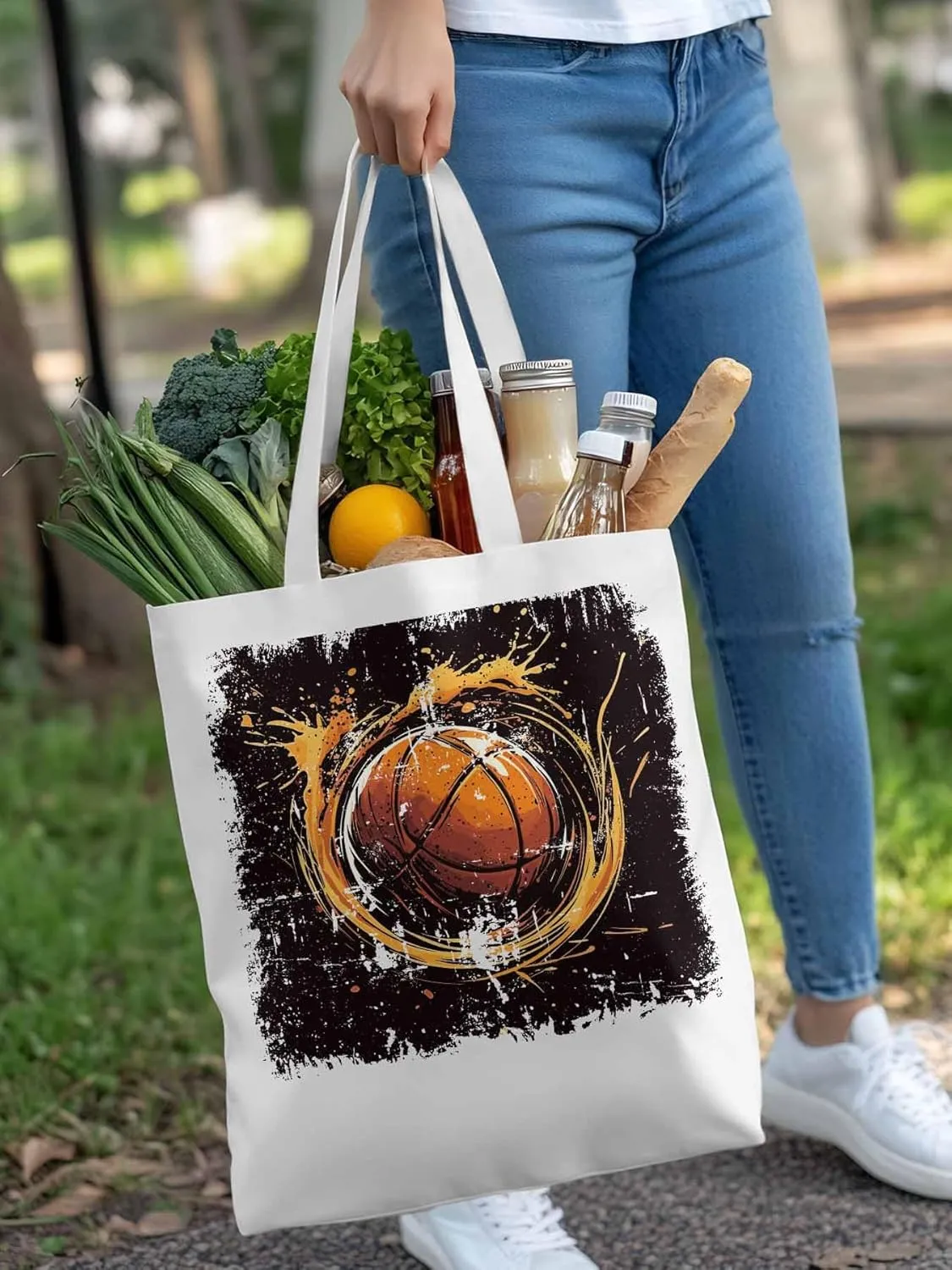 Canvas Tote Bag, Vintage Ink Basketball Sports patterned Canvas Tote Handbags for Women Shoulder Bag,