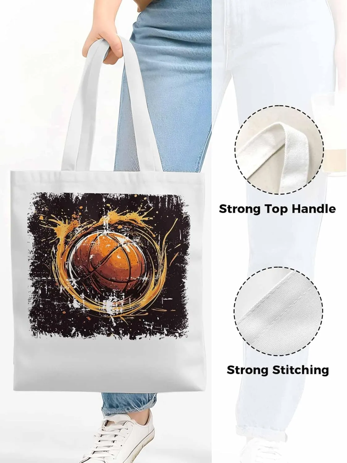 Canvas Tote Bag, Vintage Ink Basketball Sports patterned Canvas Tote Handbags for Women Shoulder Bag,