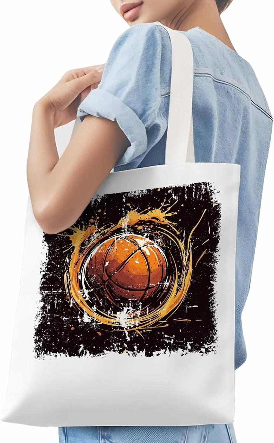 Canvas Tote Bag, Vintage Ink Basketball Sports patterned Canvas Tote Handbags for Women Shoulder Bag,