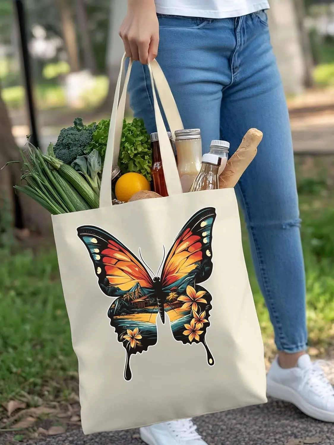 Canvas Tote Bag, Vintage Ombre Butterfly patterned Canvas Tote Handbags for Women Shoulder Bag,