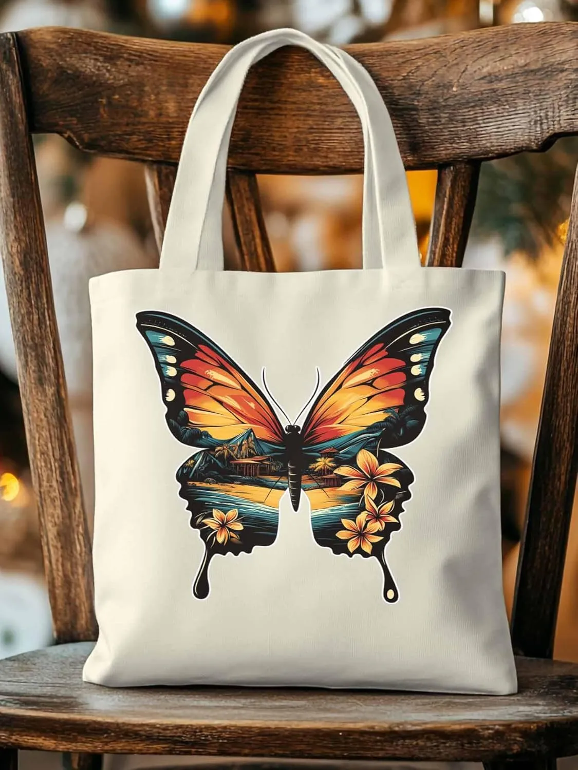 Canvas Tote Bag, Vintage Ombre Butterfly patterned Canvas Tote Handbags for Women Shoulder Bag,