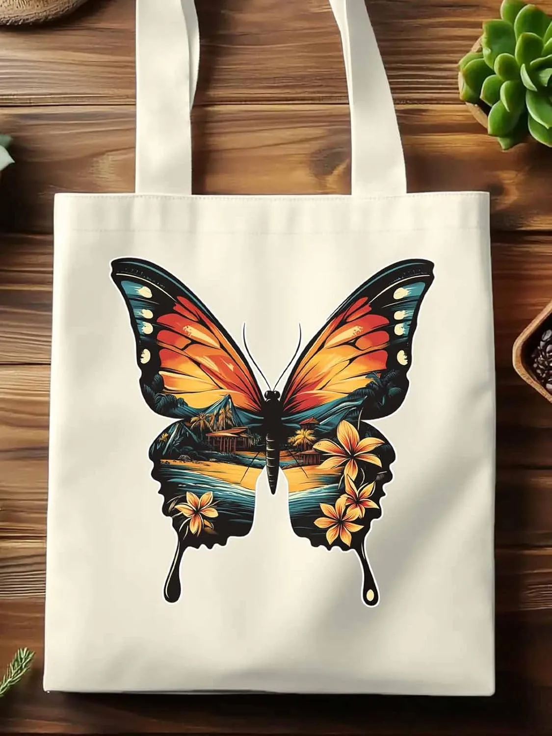 Canvas Tote Bag, Vintage Ombre Butterfly patterned Canvas Tote Handbags for Women Shoulder Bag,