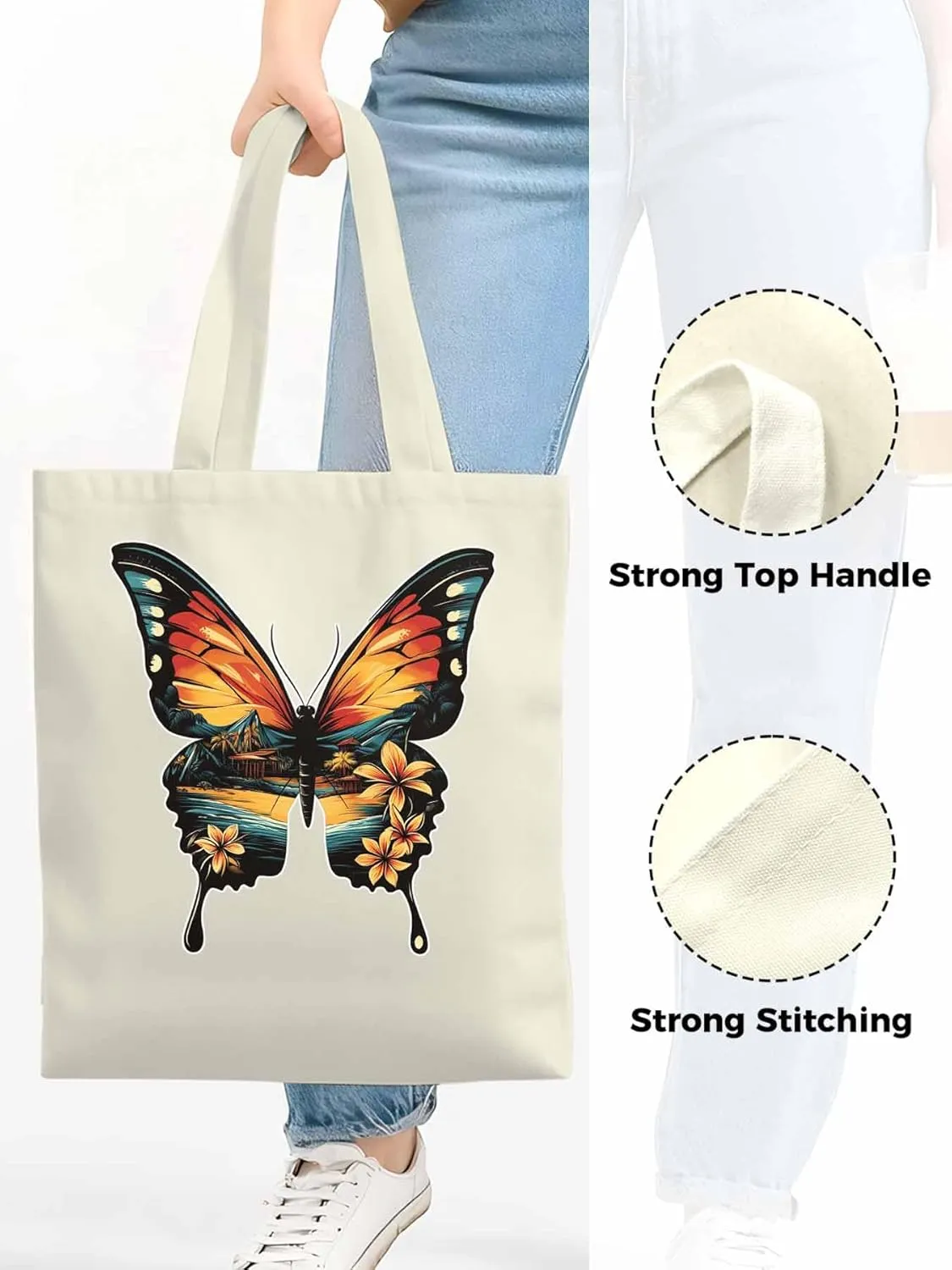 Canvas Tote Bag, Vintage Ombre Butterfly patterned Canvas Tote Handbags for Women Shoulder Bag,