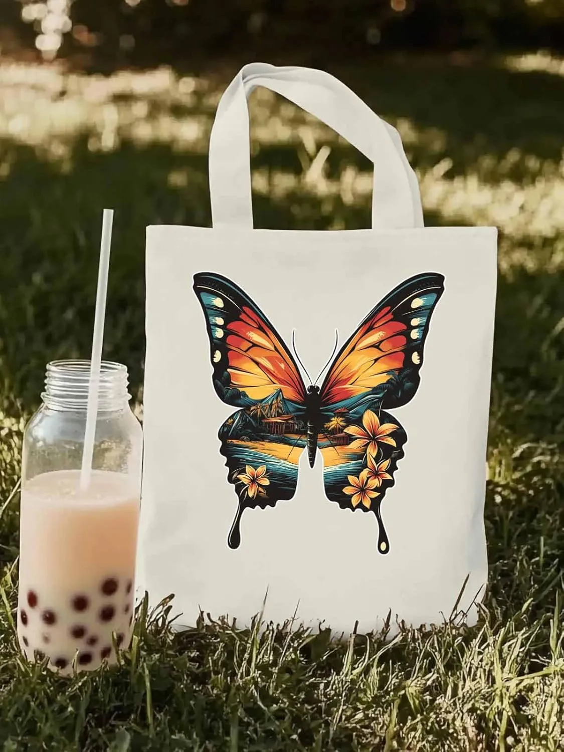 Canvas Tote Bag, Vintage Ombre Butterfly patterned Canvas Tote Handbags for Women Shoulder Bag,