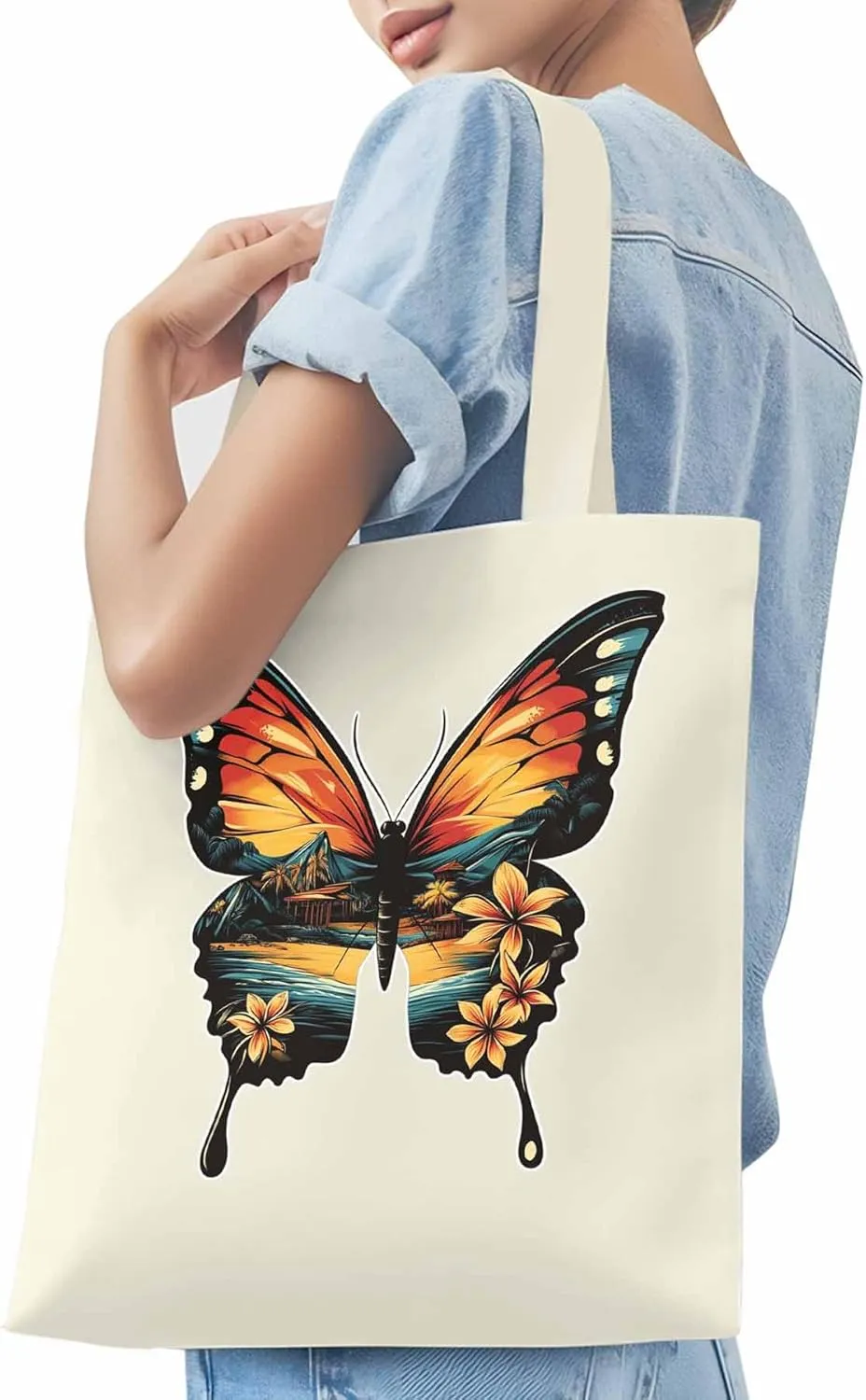 Canvas Tote Bag, Vintage Ombre Butterfly patterned Canvas Tote Handbags for Women Shoulder Bag,