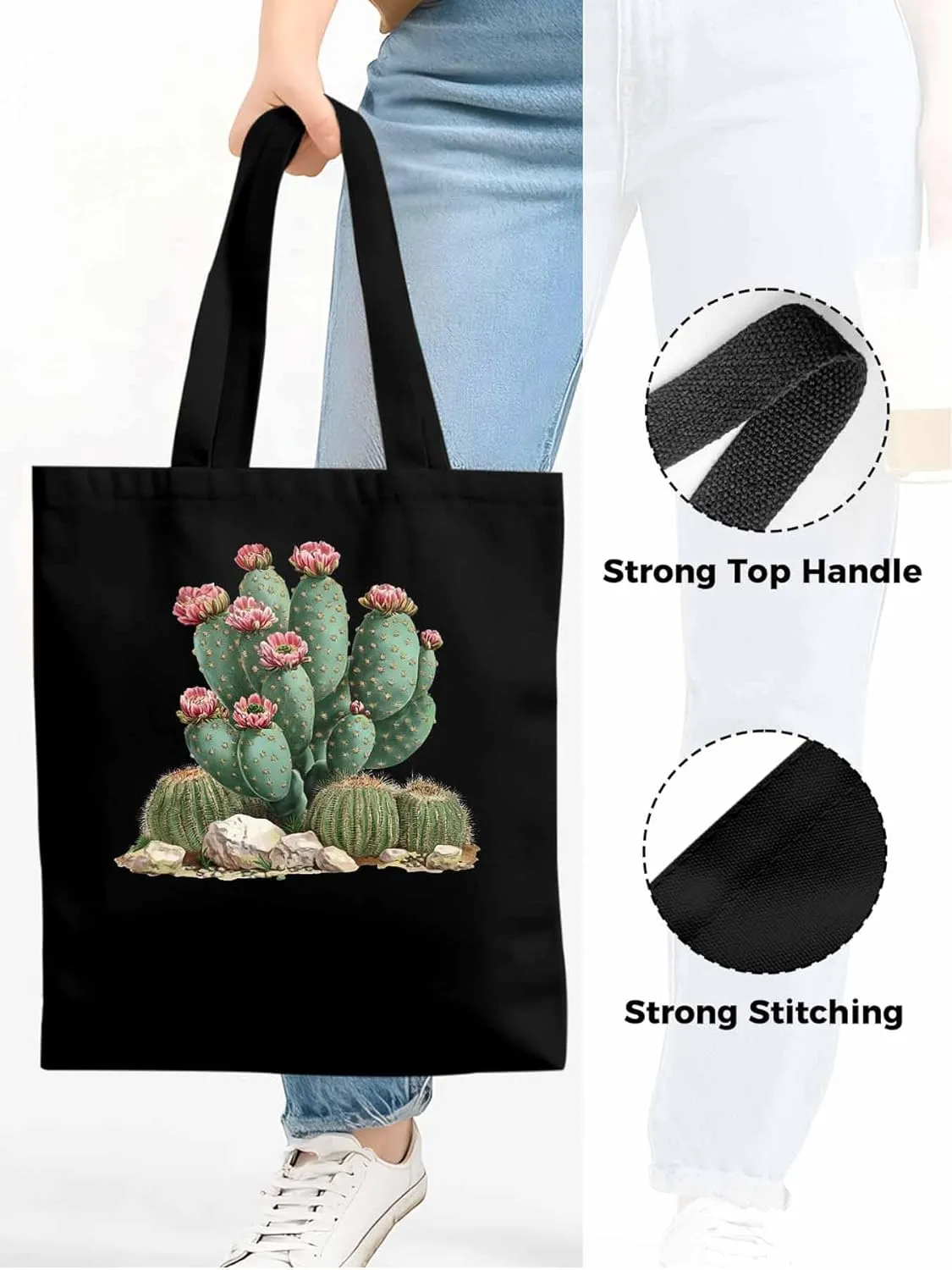 Canvas Tote Bag, Watercolor Cacti Floral patterned Canvas Tote Handbags for Women Shoulder Bag,