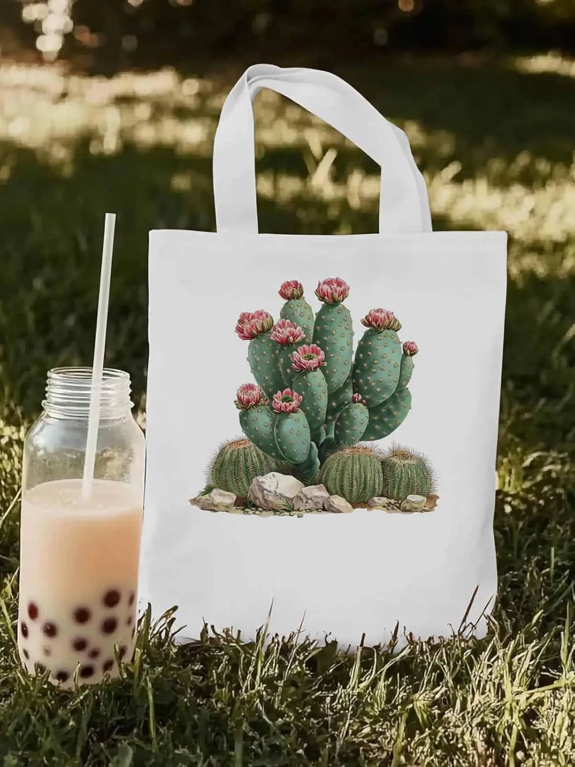 Canvas Tote Bag, Watercolor Cacti Floral patterned Canvas Tote Handbags for Women Shoulder Bag,