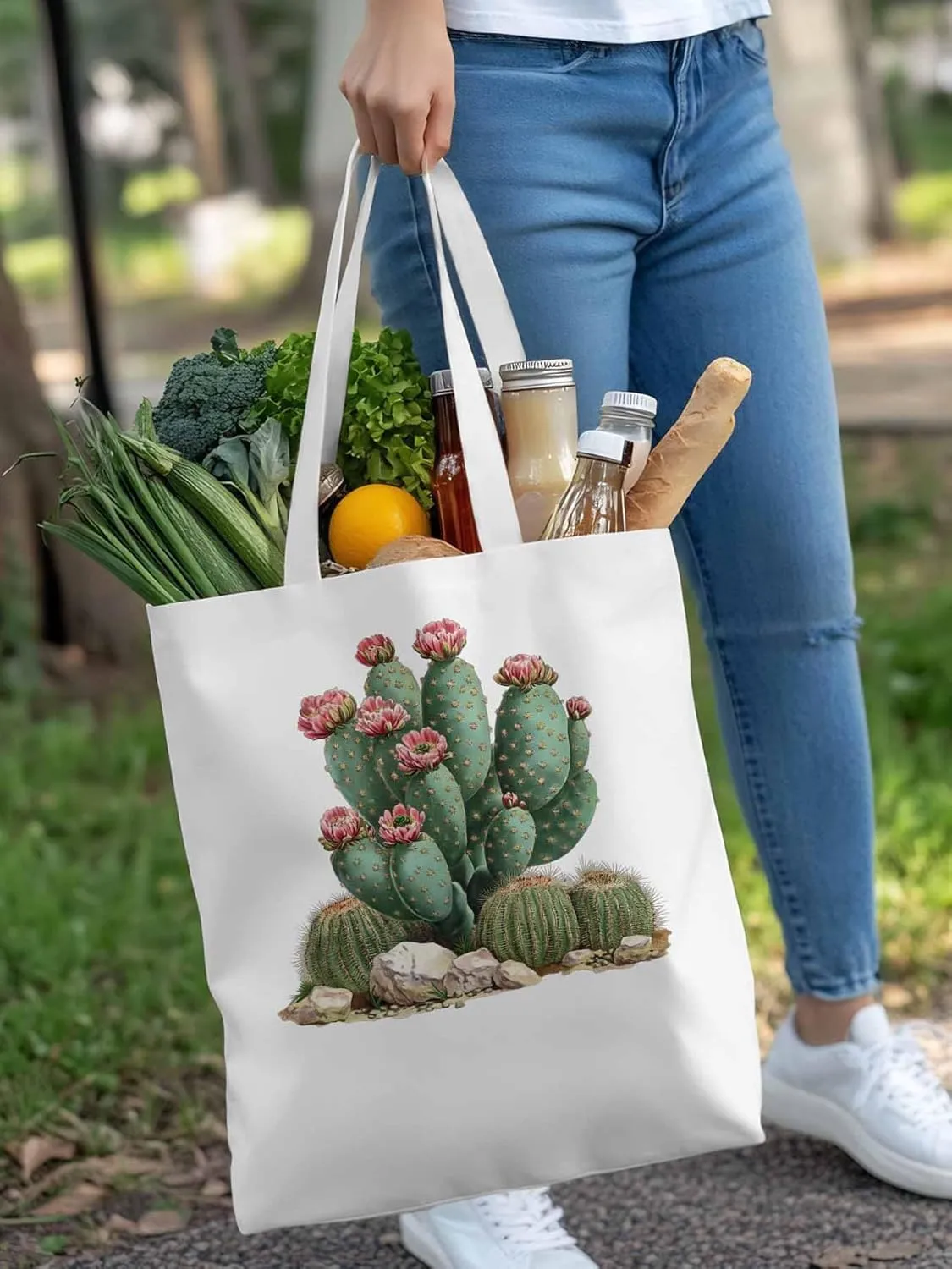 Canvas Tote Bag, Watercolor Cacti Floral patterned Canvas Tote Handbags for Women Shoulder Bag,