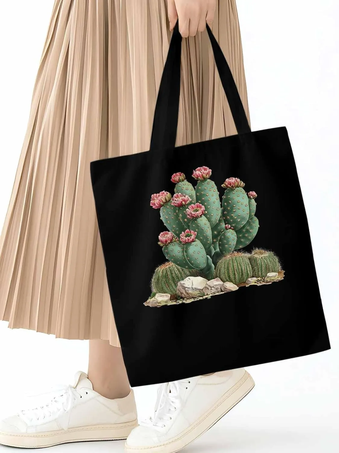 Canvas Tote Bag, Watercolor Cacti Floral patterned Canvas Tote Handbags for Women Shoulder Bag,