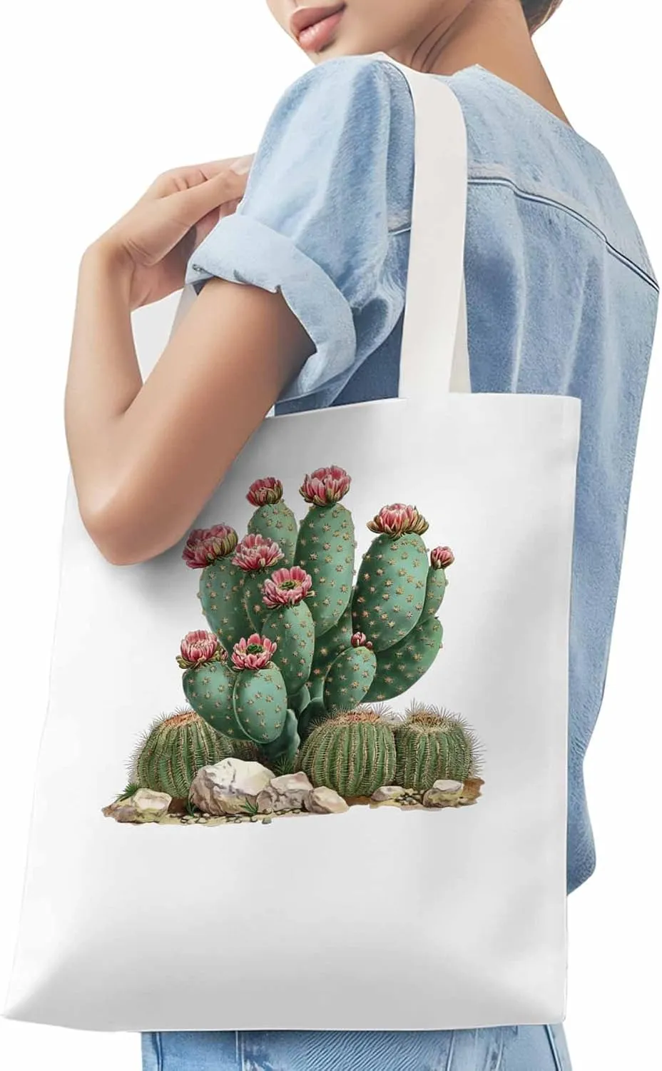 Canvas Tote Bag, Watercolor Cacti Floral patterned Canvas Tote Handbags for Women Shoulder Bag,
