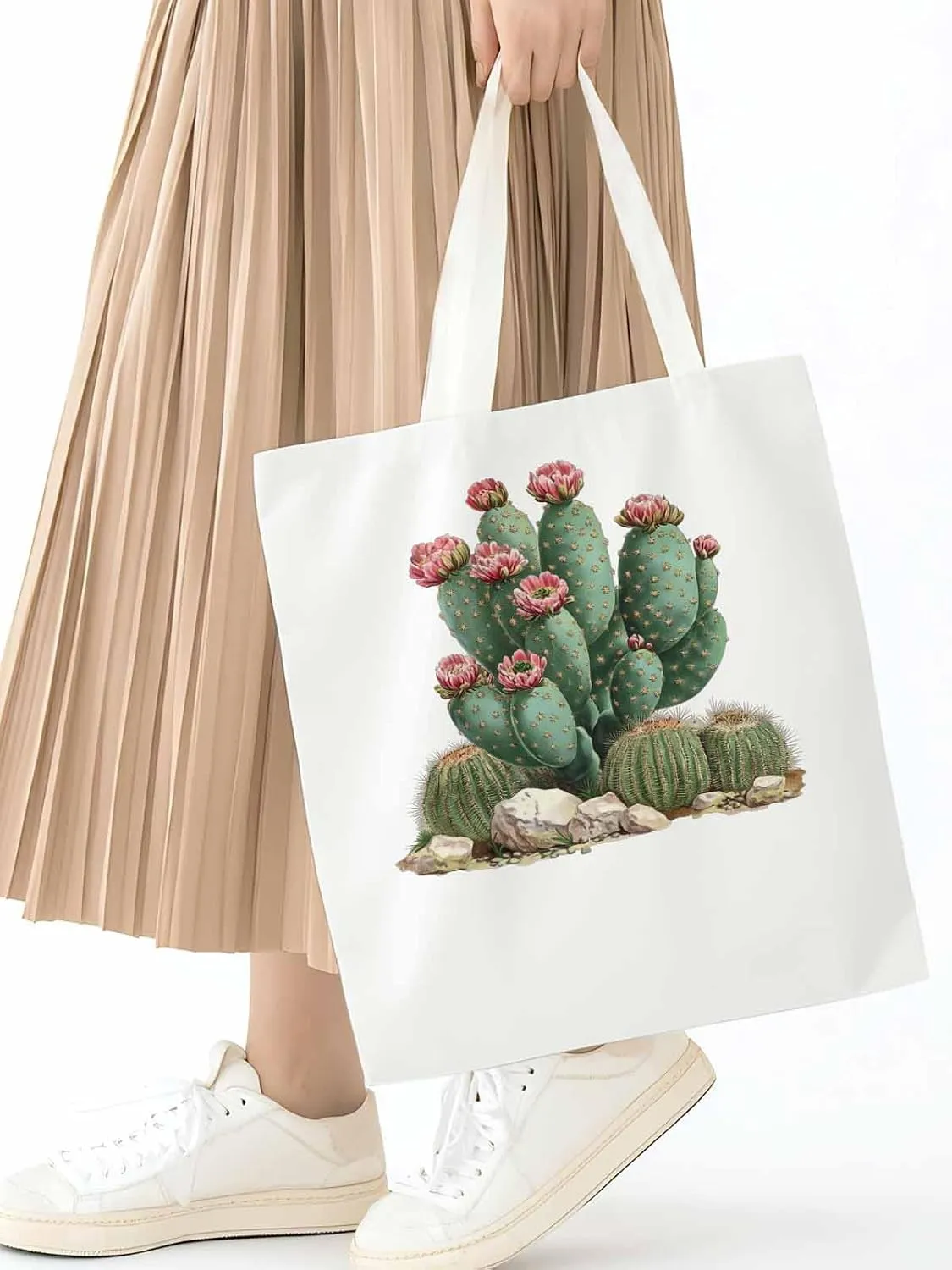 Canvas Tote Bag, Watercolor Cacti Floral patterned Canvas Tote Handbags for Women Shoulder Bag,