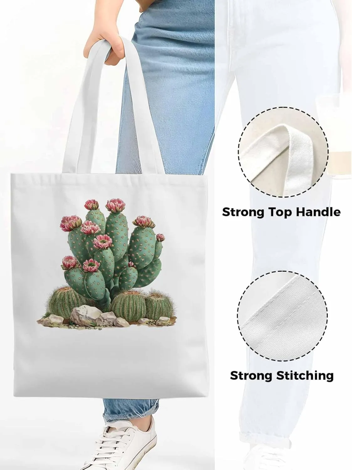 Canvas Tote Bag, Watercolor Cacti Floral patterned Canvas Tote Handbags for Women Shoulder Bag,