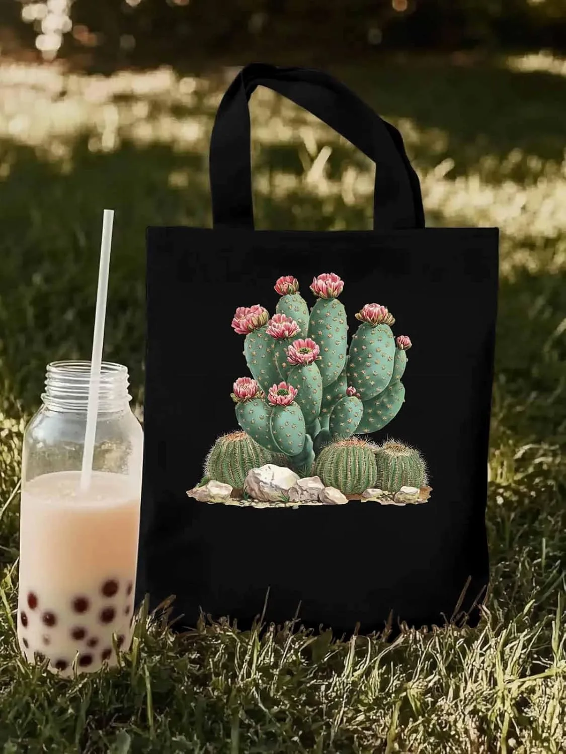 Canvas Tote Bag, Watercolor Cacti Floral patterned Canvas Tote Handbags for Women Shoulder Bag,