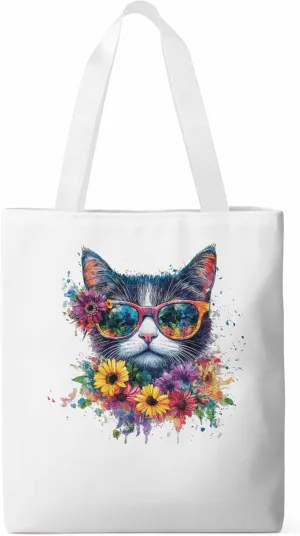Canvas Tote Bag, Watercolor Cat Sunflowers patterned Canvas Tote Handbags for Women Shoulder Bag,