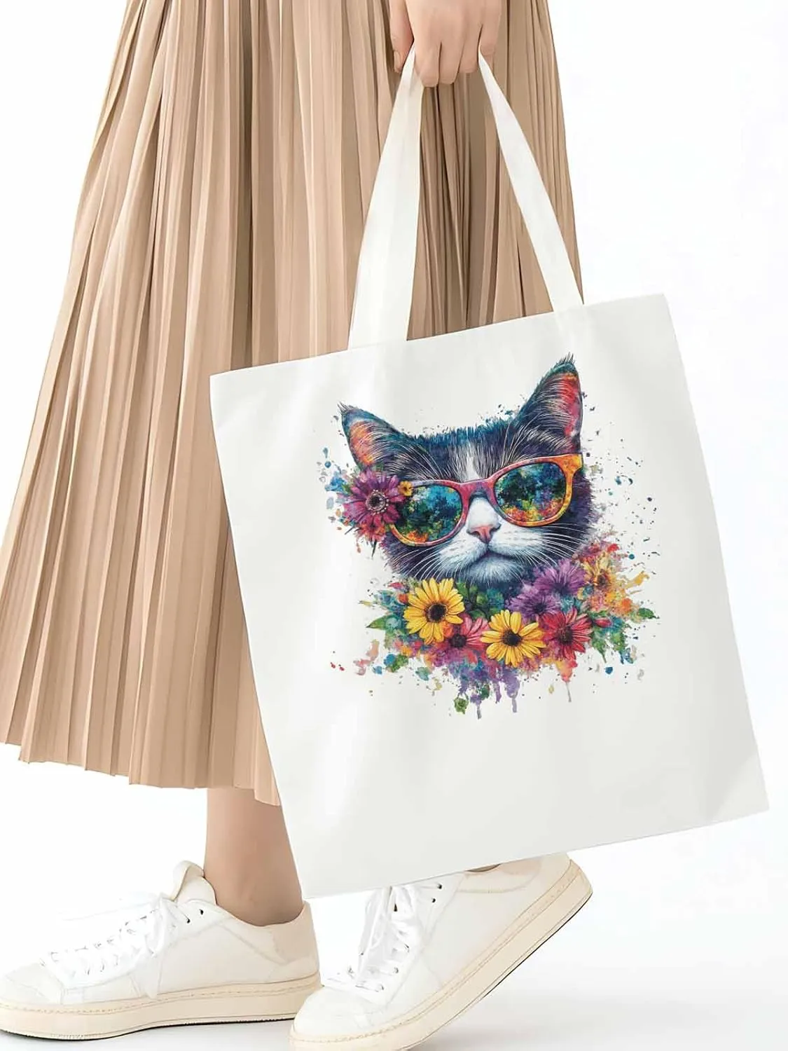 Canvas Tote Bag, Watercolor Cat Sunflowers patterned Canvas Tote Handbags for Women Shoulder Bag,