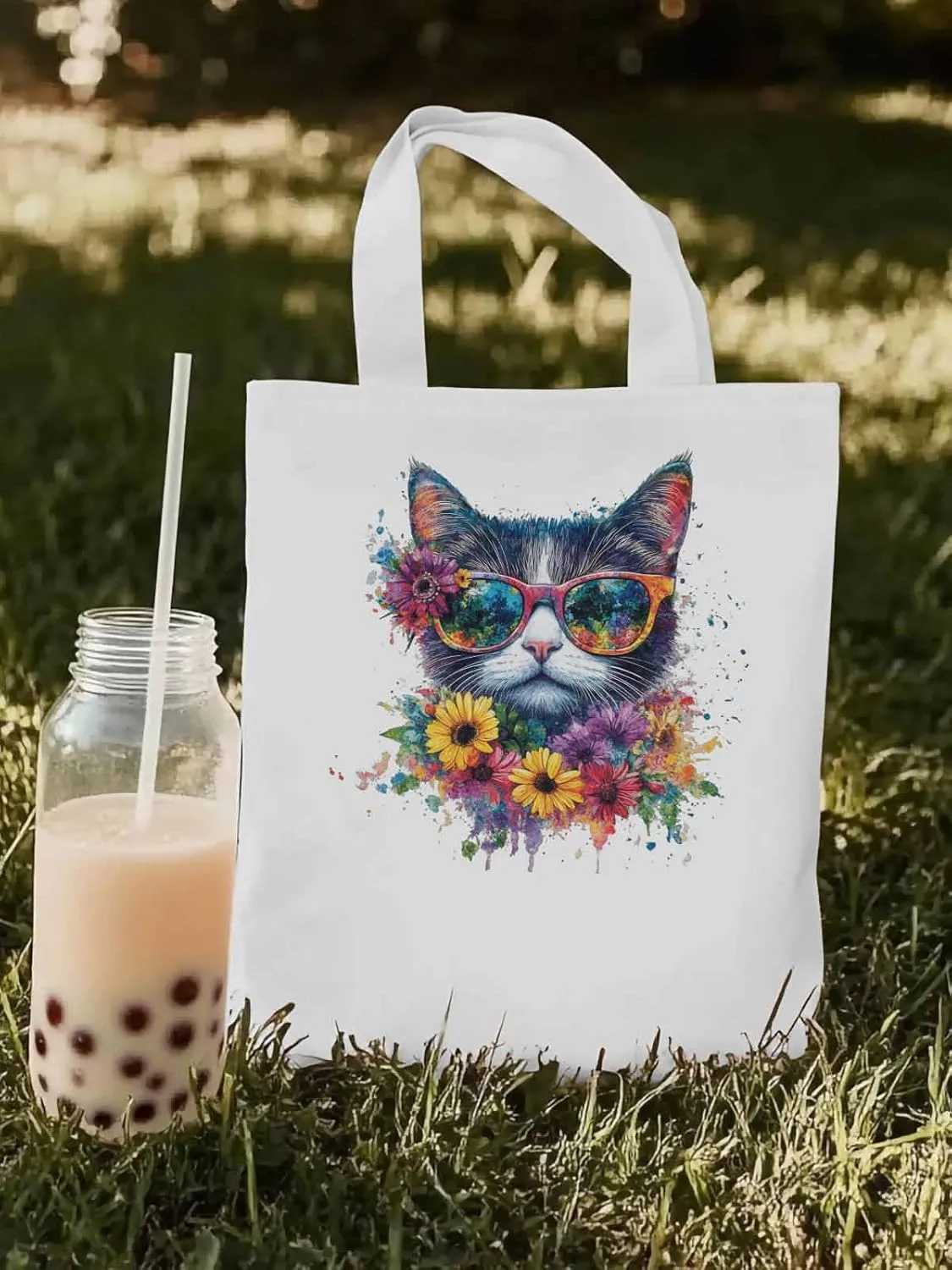 Canvas Tote Bag, Watercolor Cat Sunflowers patterned Canvas Tote Handbags for Women Shoulder Bag,