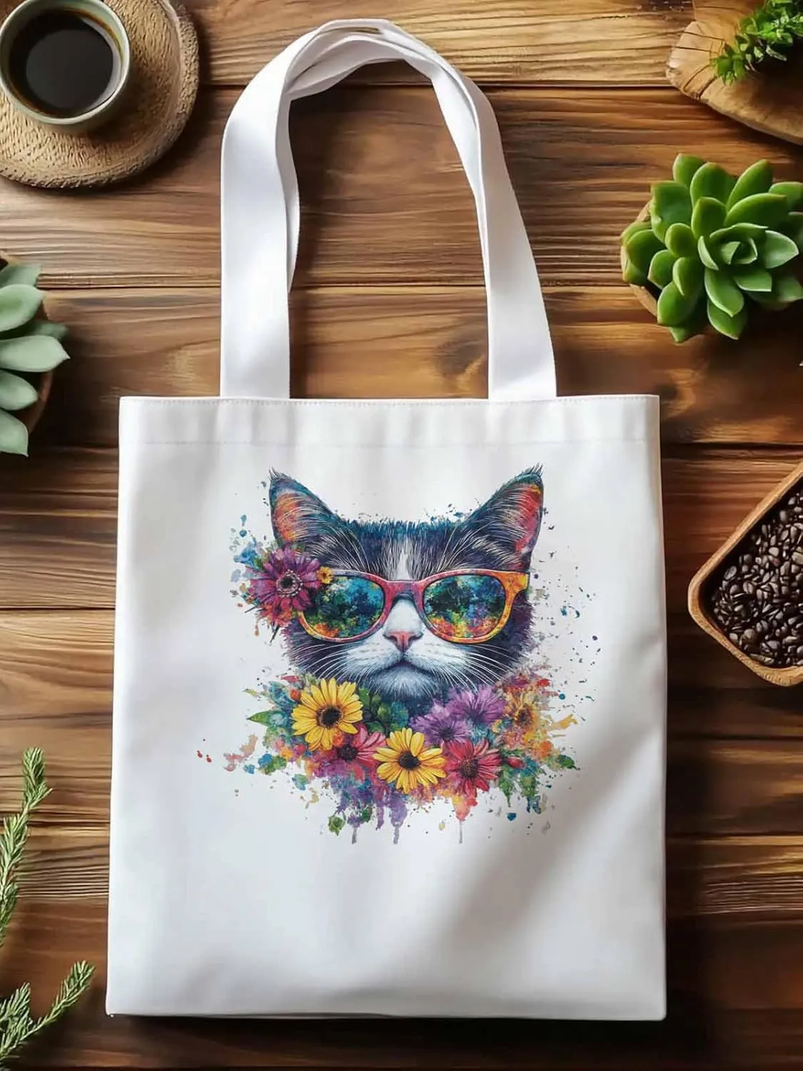 Canvas Tote Bag, Watercolor Cat Sunflowers patterned Canvas Tote Handbags for Women Shoulder Bag,