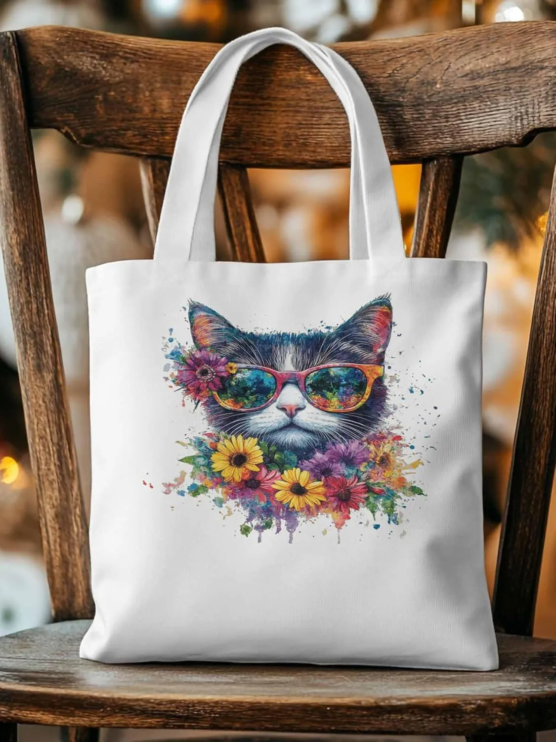 Canvas Tote Bag, Watercolor Cat Sunflowers patterned Canvas Tote Handbags for Women Shoulder Bag,