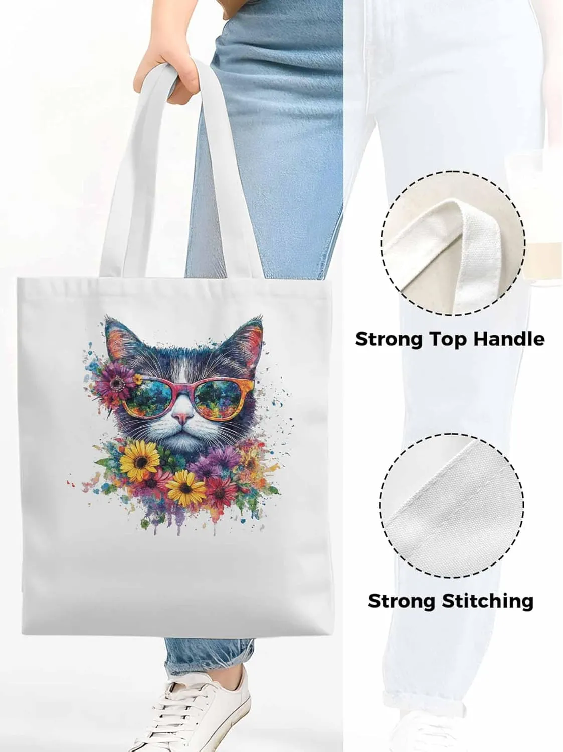 Canvas Tote Bag, Watercolor Cat Sunflowers patterned Canvas Tote Handbags for Women Shoulder Bag,
