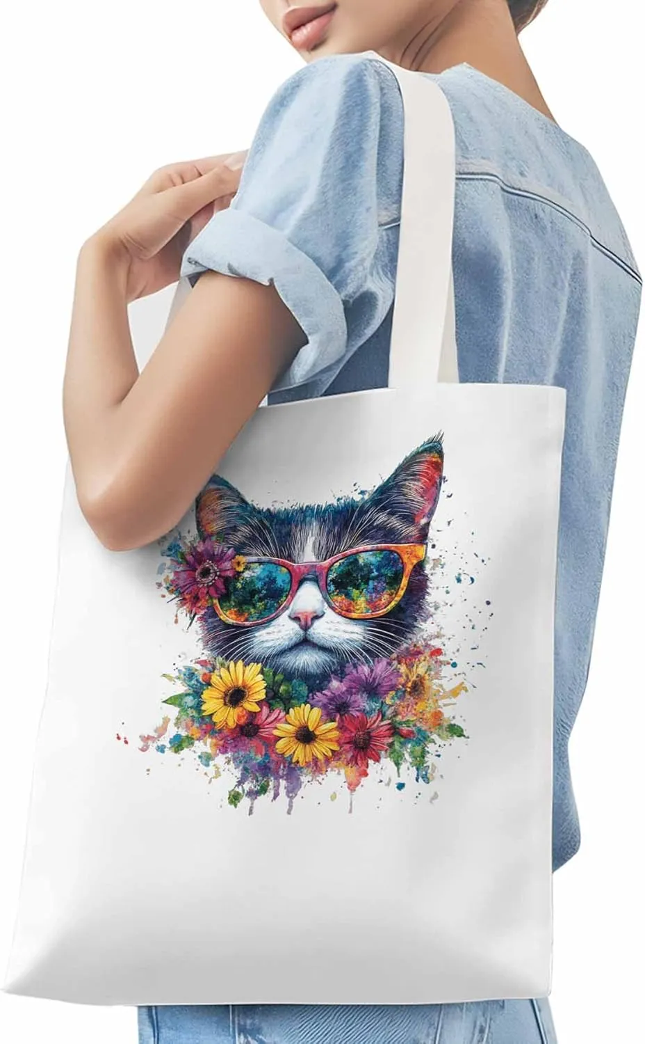 Canvas Tote Bag, Watercolor Cat Sunflowers patterned Canvas Tote Handbags for Women Shoulder Bag,