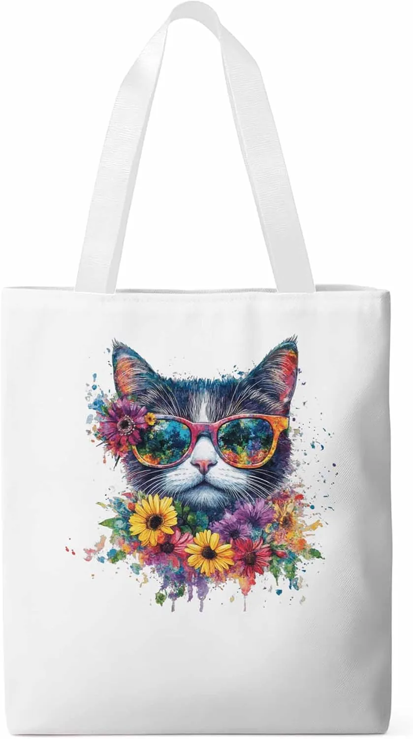 Canvas Tote Bag, Watercolor Cat Sunflowers patterned Canvas Tote Handbags for Women Shoulder Bag,