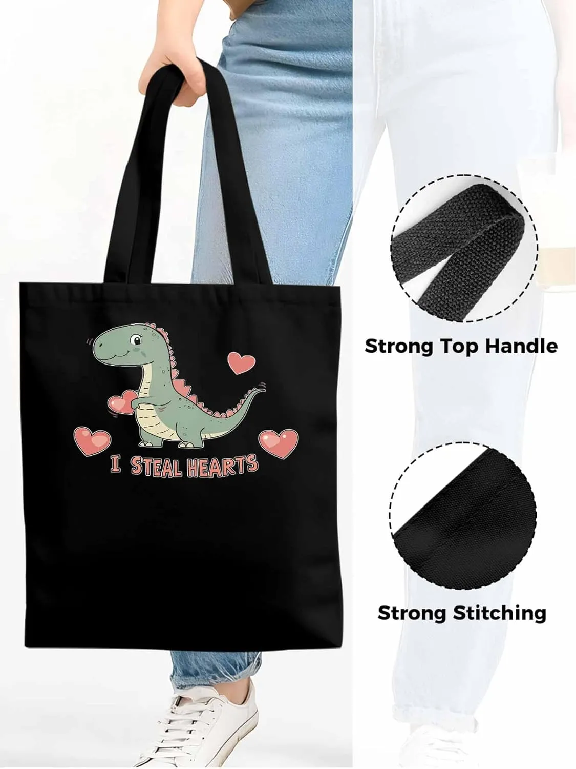 Canvas Tote Bag, Watercolor Dinosaur Loves patterned Canvas Tote Handbags for Women Shoulder Bag,