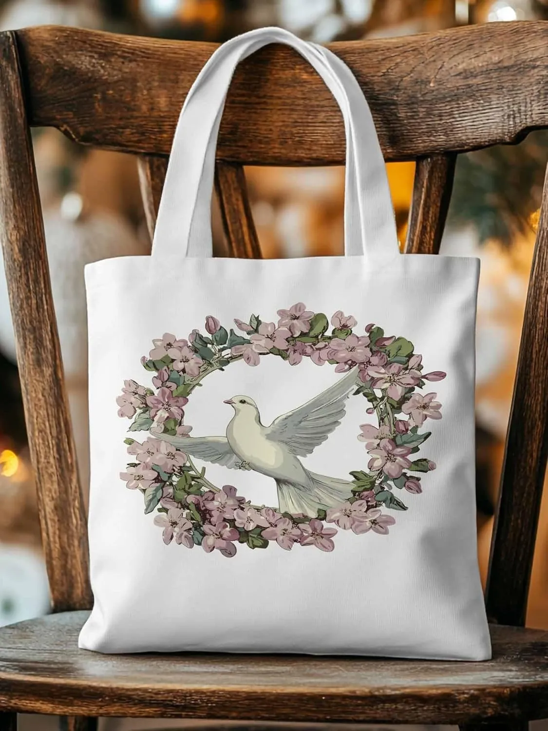 Canvas Tote Bag, Watercolors Garland Pigeons Aesthetic Canvas Tote Handbags for Women Shoulder Bag