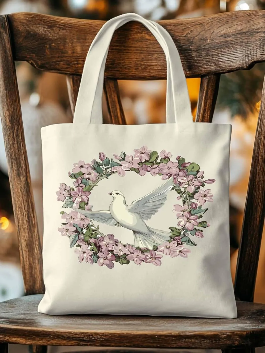 Canvas Tote Bag, Watercolors Garland Pigeons Aesthetic Canvas Tote Handbags for Women Shoulder Bag