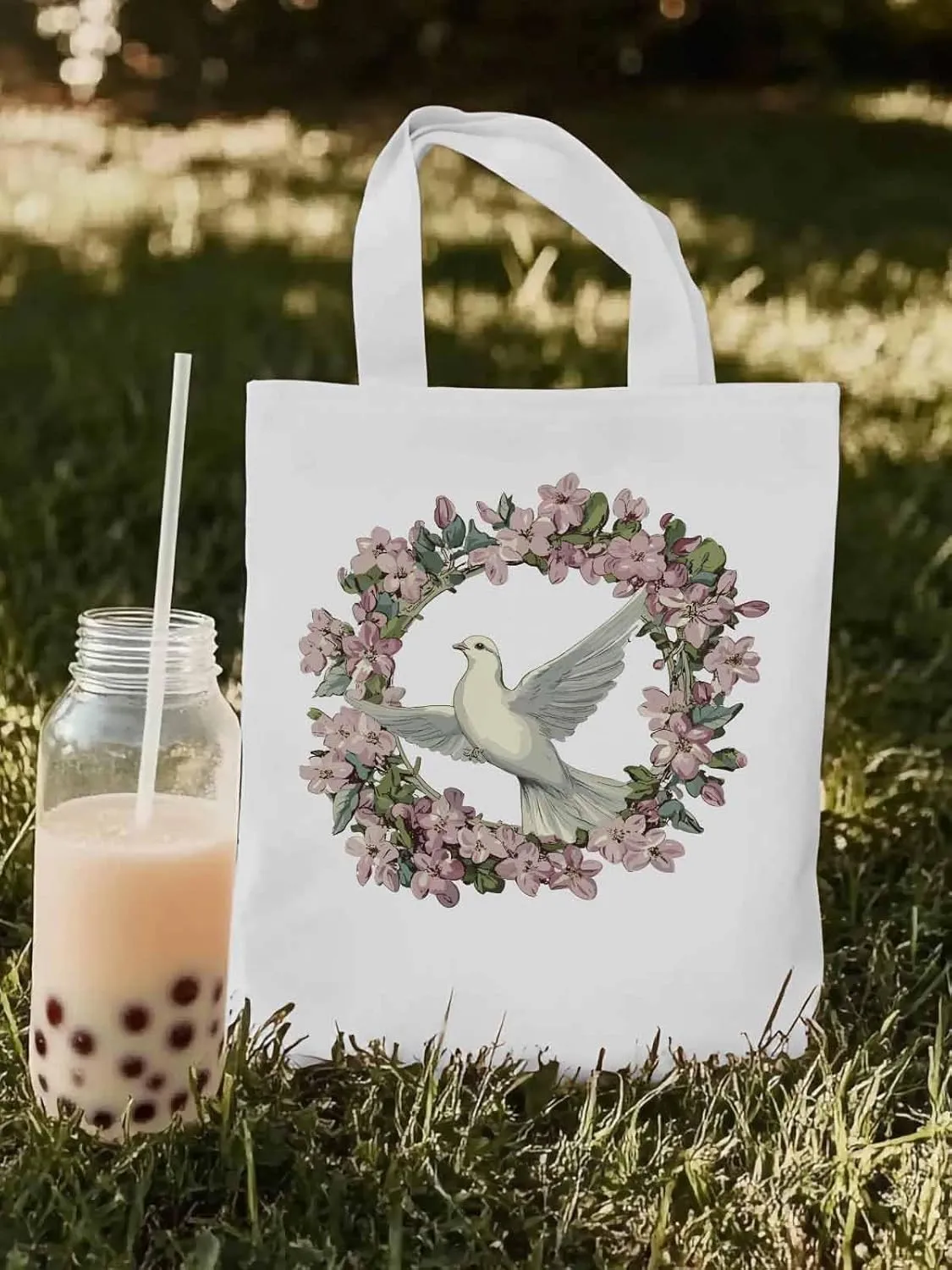 Canvas Tote Bag, Watercolors Garland Pigeons Aesthetic Canvas Tote Handbags for Women Shoulder Bag