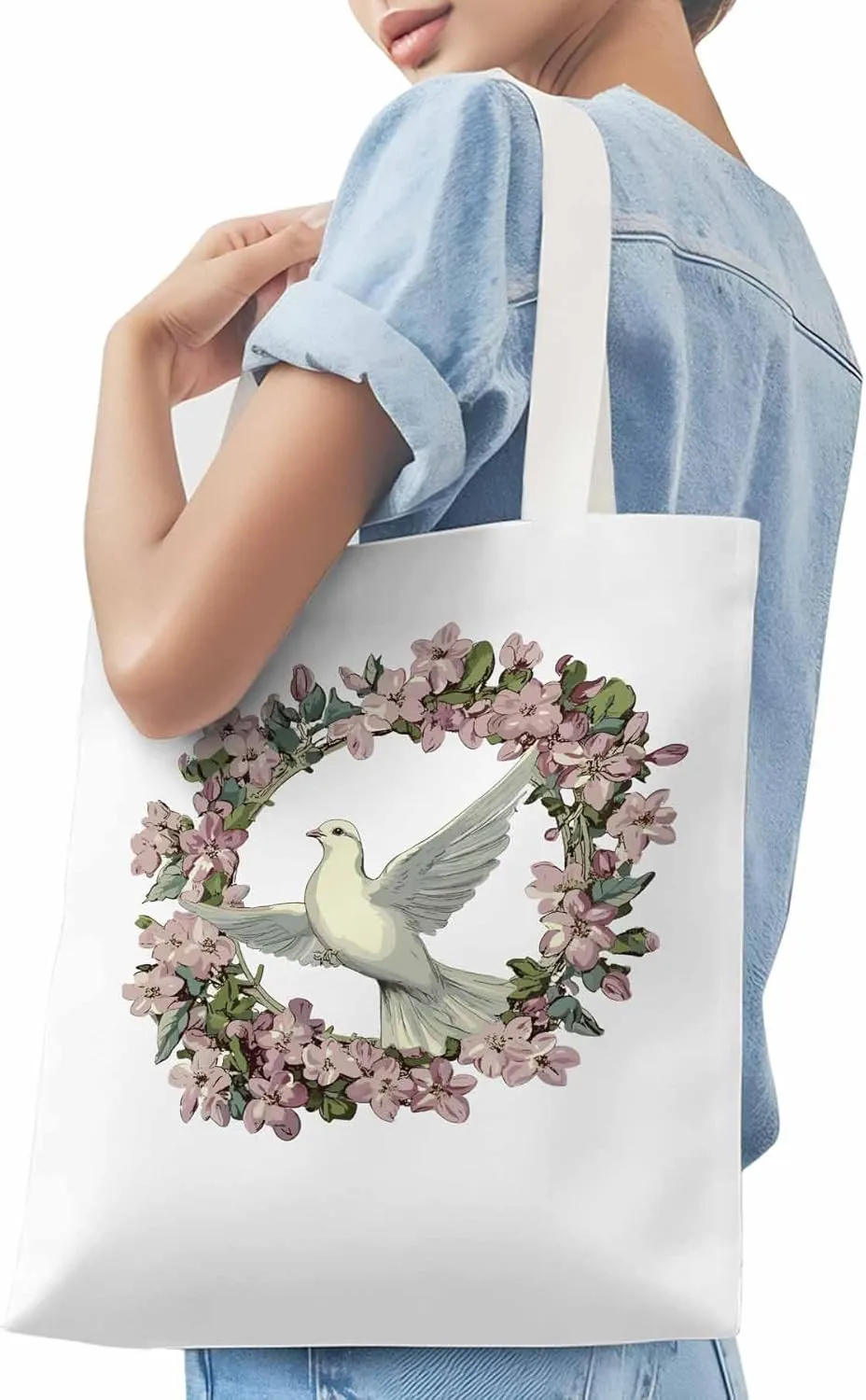 Canvas Tote Bag, Watercolors Garland Pigeons Aesthetic Canvas Tote Handbags for Women Shoulder Bag