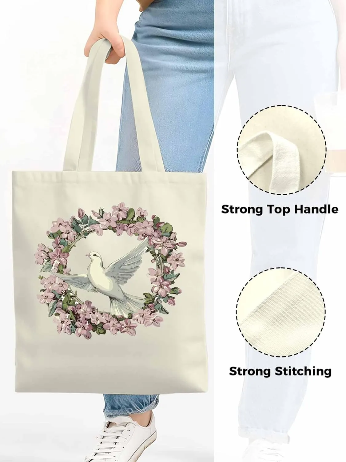 Canvas Tote Bag, Watercolors Garland Pigeons Aesthetic Canvas Tote Handbags for Women Shoulder Bag